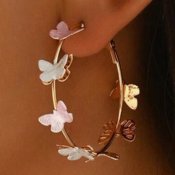 Dainty Gold Tone Butterfly Hoop Earrings - Picture 2 of 5